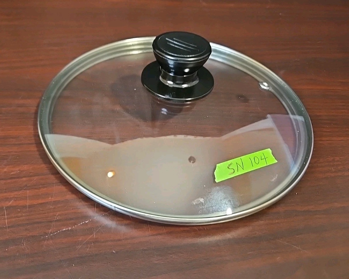 7 5/8″ (Inner Rim) Pan Lid. Vented Top Glass & Stainless, Black Knob SN 104