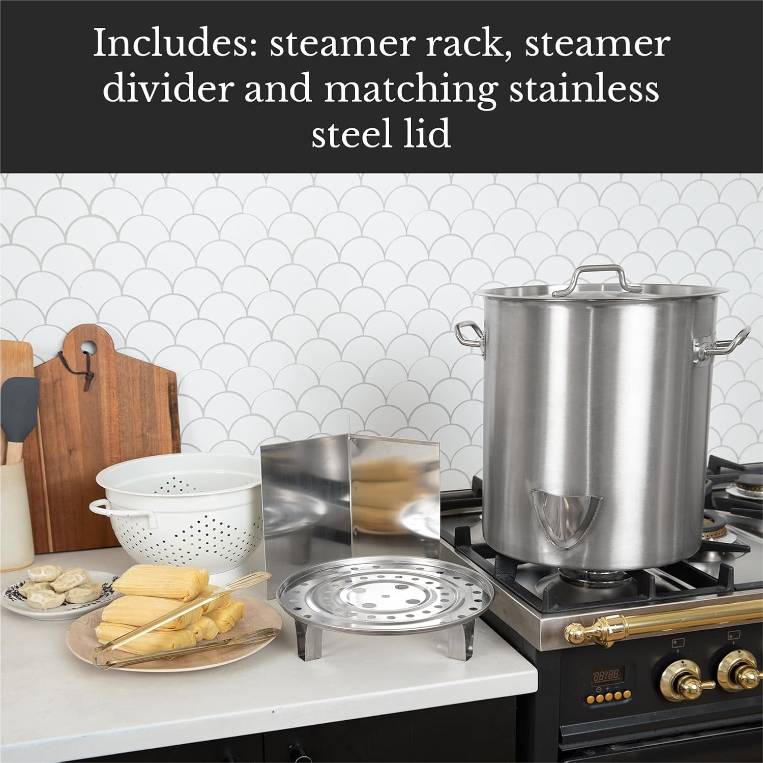20Qt Stainless Steel Steamer Pot with Rack & Divider – Induction Ready