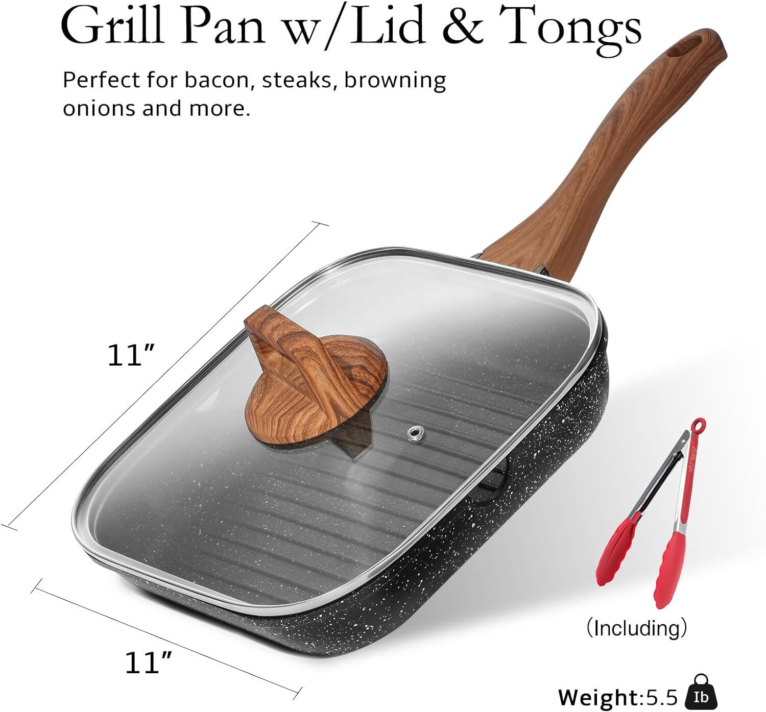 ESLITE LIFE 11 Inch Nonstick Grill Pan with Lid for 11″ w/Lid & Tongs, Black
