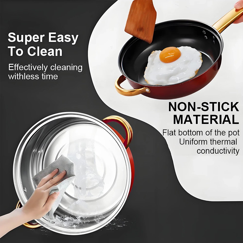 12 Piece Cookware Set Nonstick Pots and Pans Home Kitchen Cooking Non Stick, Red