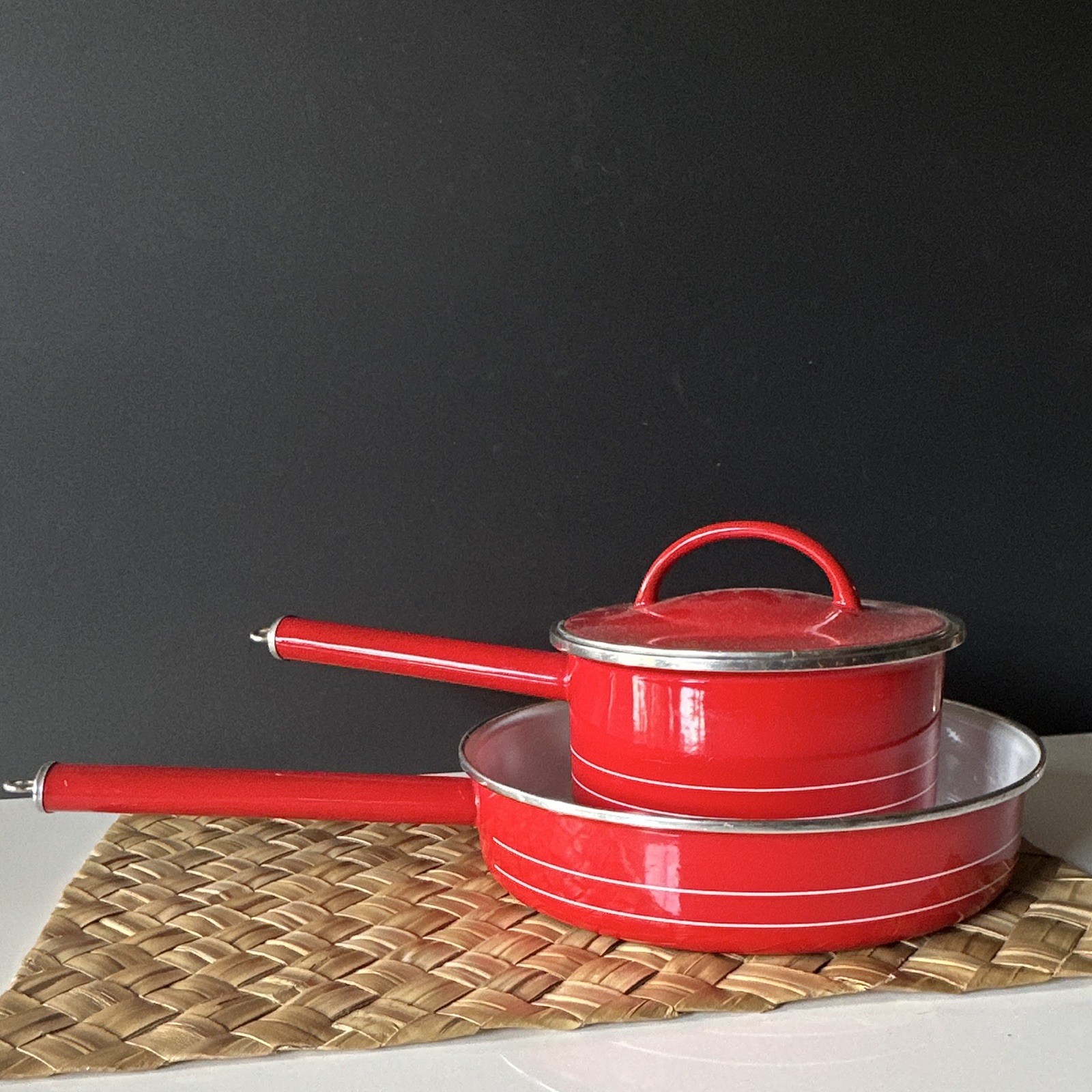 COPCO RED SAM LEBOWITZ DESIGN SPAIN 3 Pc Enameled Skillet Saucepan and Lid MCM