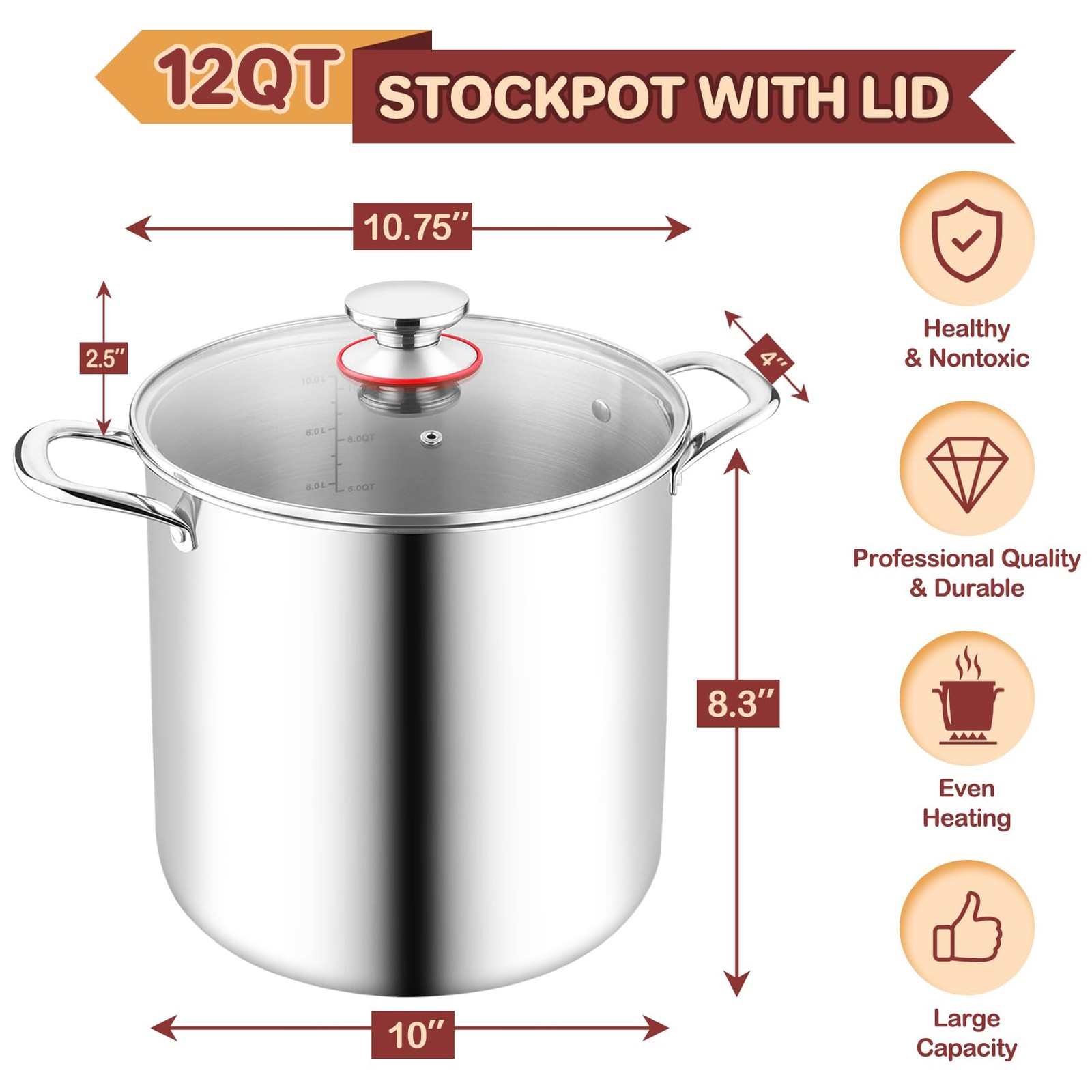 TeamFar 12 Quart Stock Pot, Stainless Steel Tri-ply Stockpot Large Pasta Soup Co