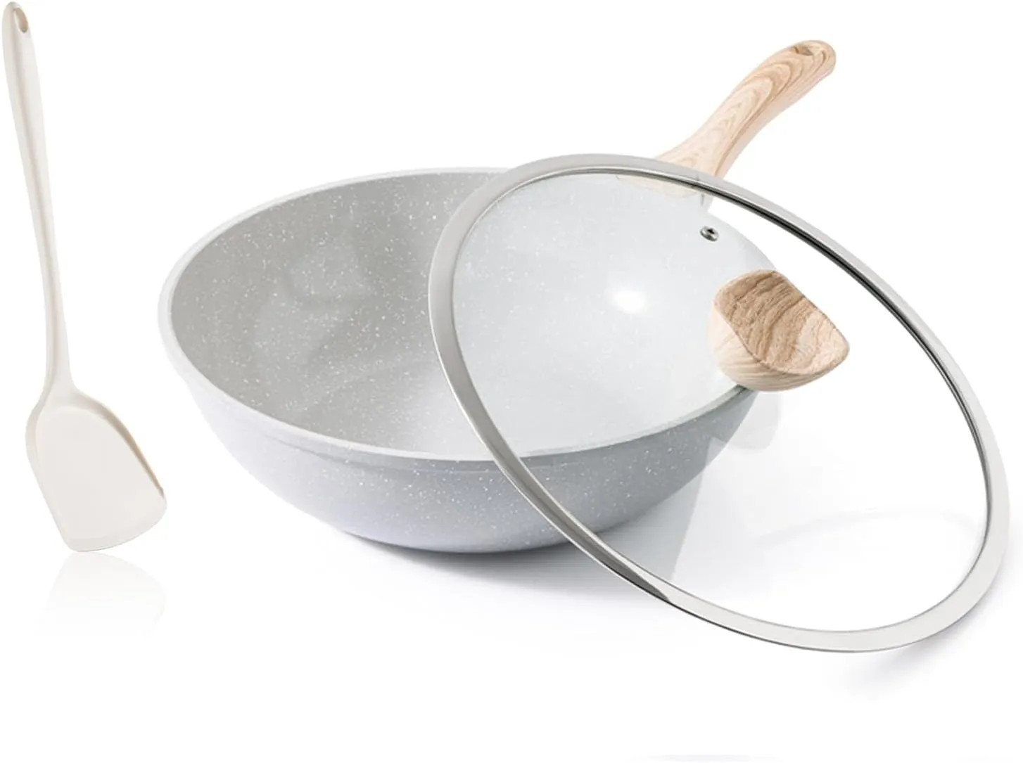 12 Inch Nonstick Wok With Lid Granite Stone Coating Induction Kitchen Cookware