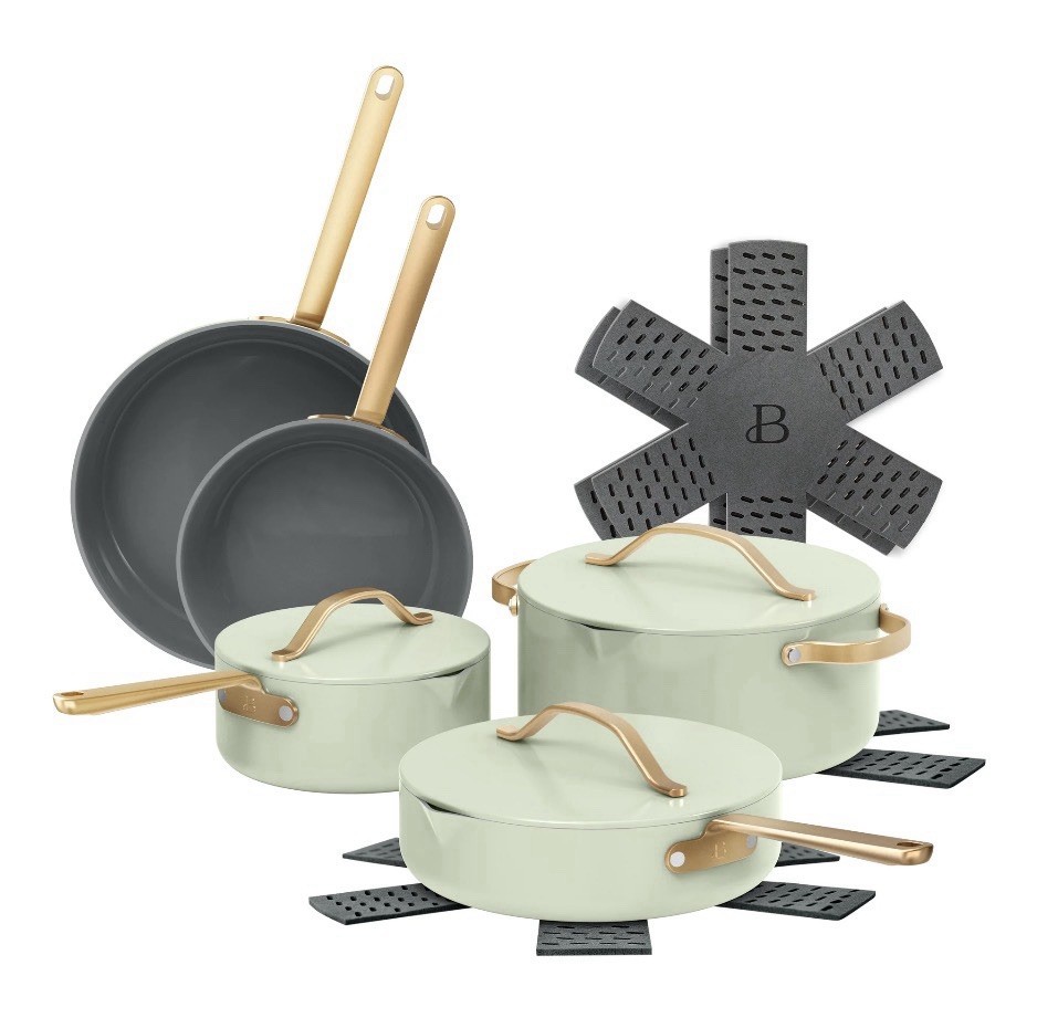 Beautiful by Drew Barrymore 12 Pc Ceramic Nonstick Cookware Set Sage Green New