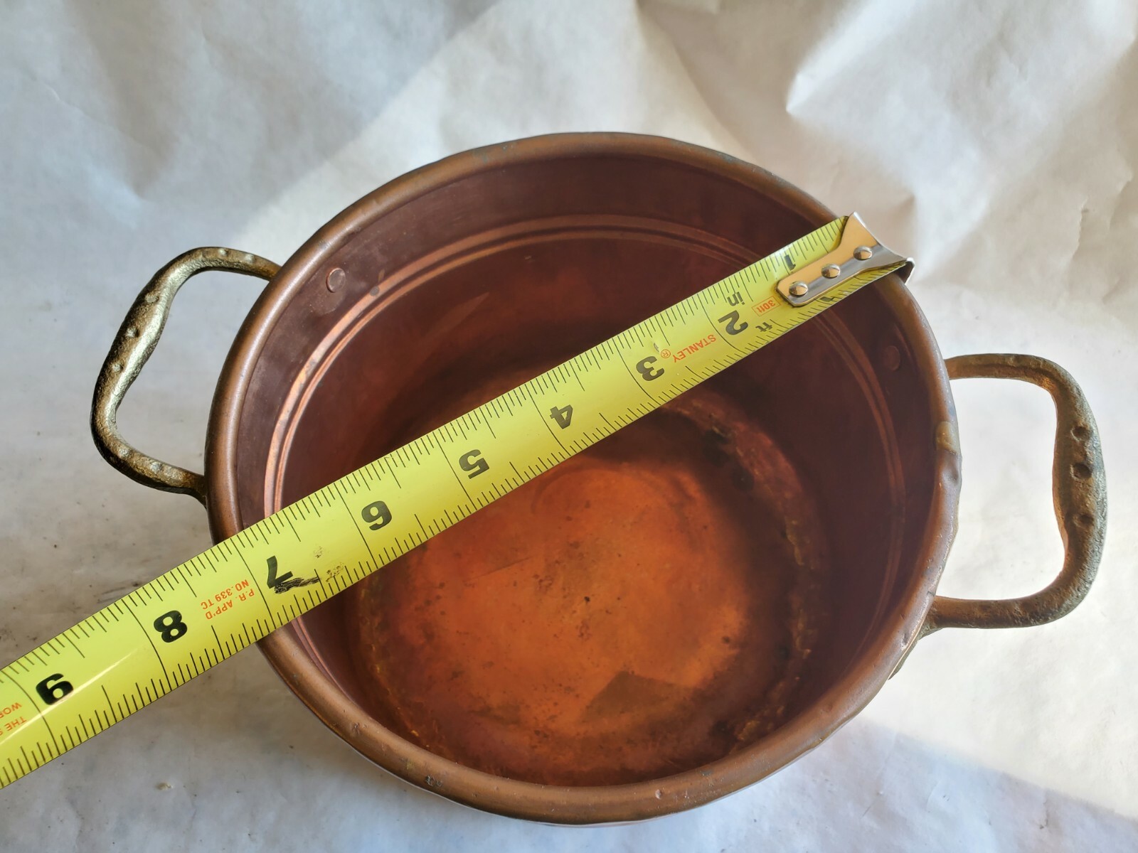 Small Copper Stock Pot 7” Dia. X 5-1/2″ Deep Brass Handle Riveted Handle