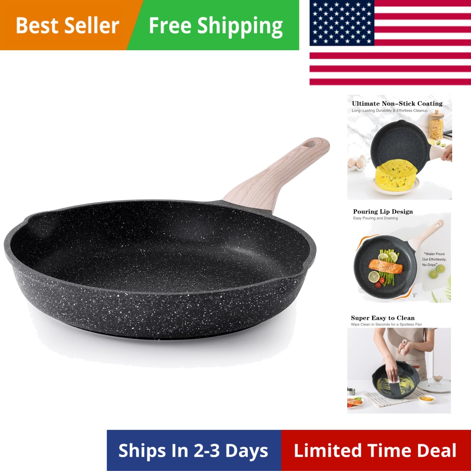 Nonstick Frying Pan, 12.5 Inch Large Skillet, Granite Cooking Pan, Healthy an…