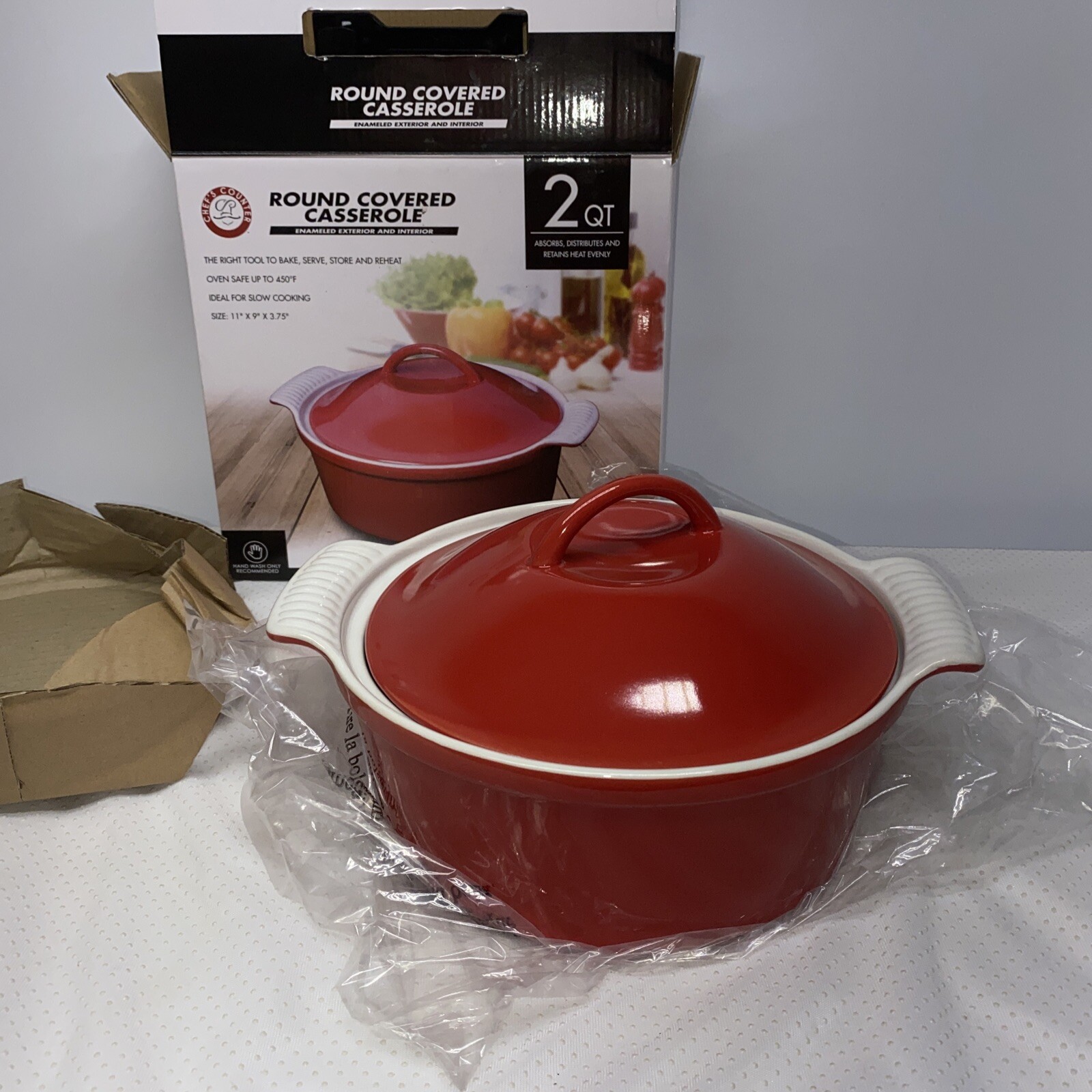 Chef’s Counter 2QT Round Covered Casserole Dish RED NEW