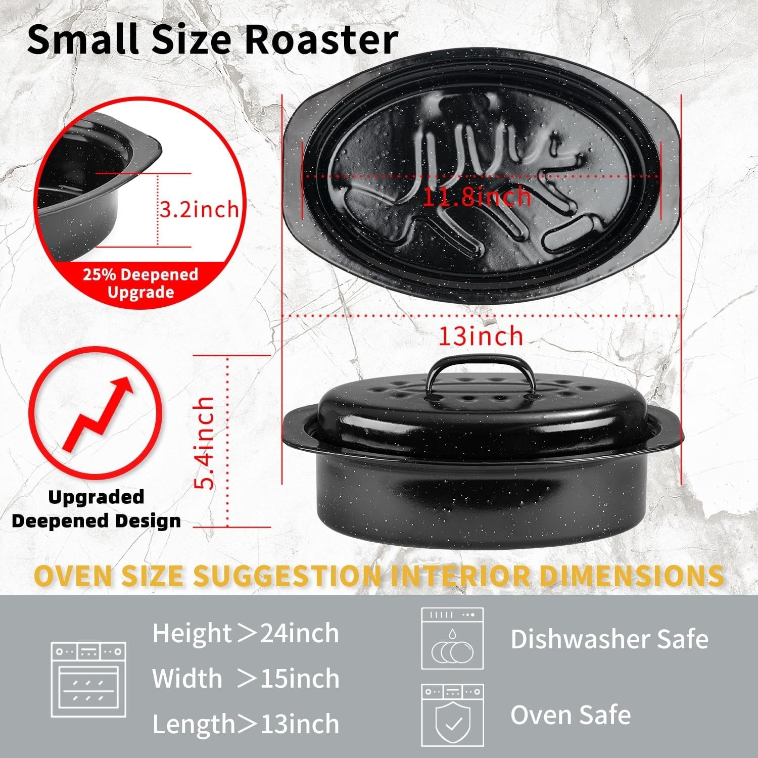 Dishwasher Safe 13″ Enameled Roasting Pan – Ideal for 4-5 Lb Turkey & Chicken