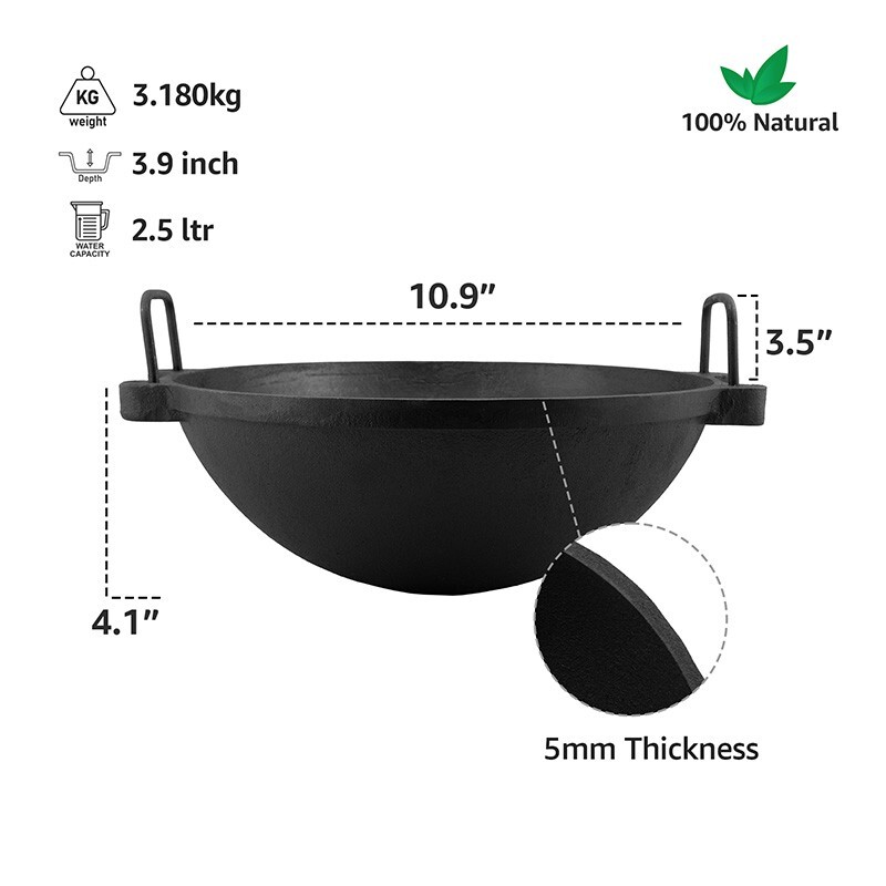 Premium Cast Iron Kadai – Pre-Seasoned – 11 Inch Dia – 2.5 litre Wok