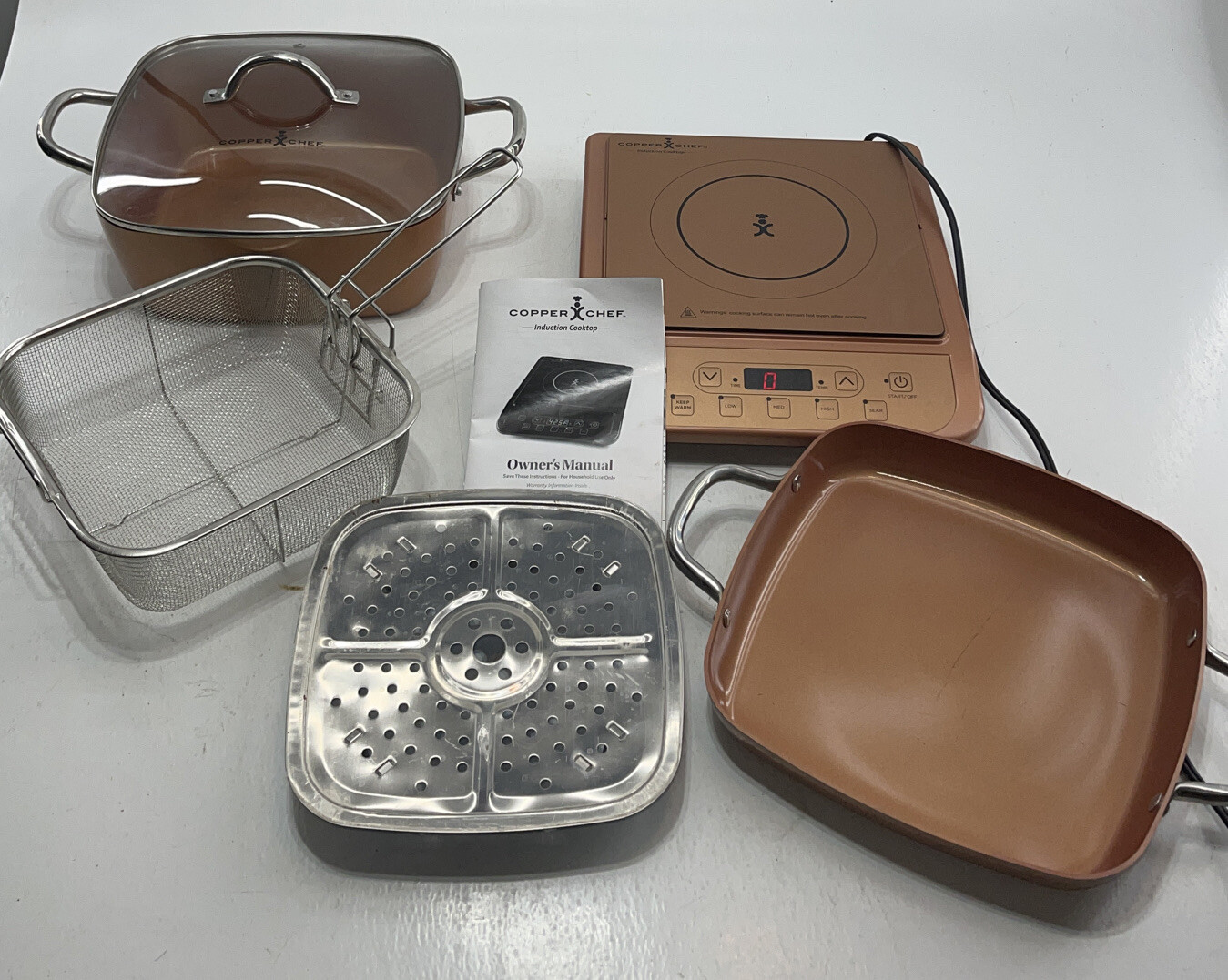 6 PC. COPPER CHEF INDUCTION COOKTOP POTS PANS BASKET LID