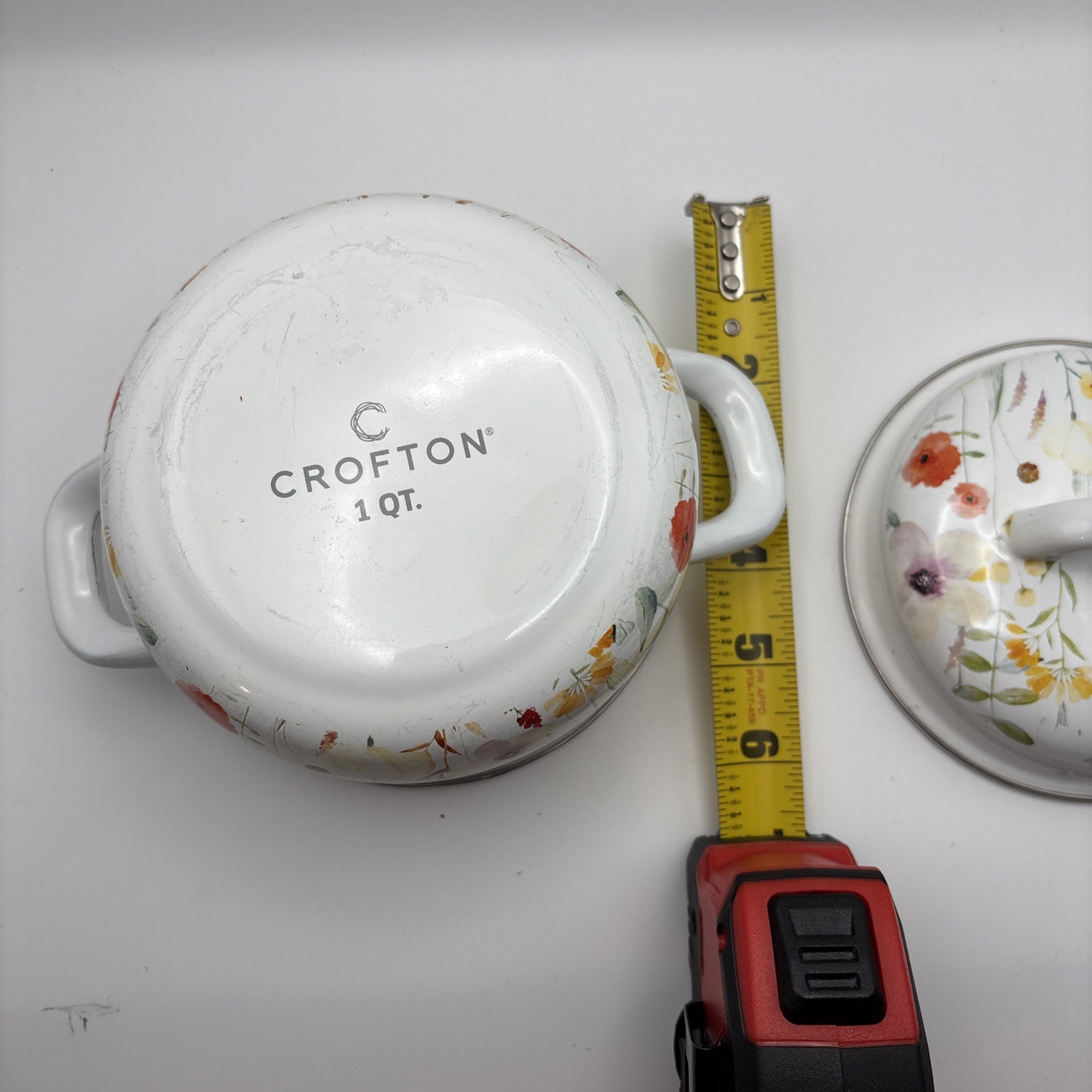 Crofton Mini Enameled Steel Pot Floral with Lid Double Handles New