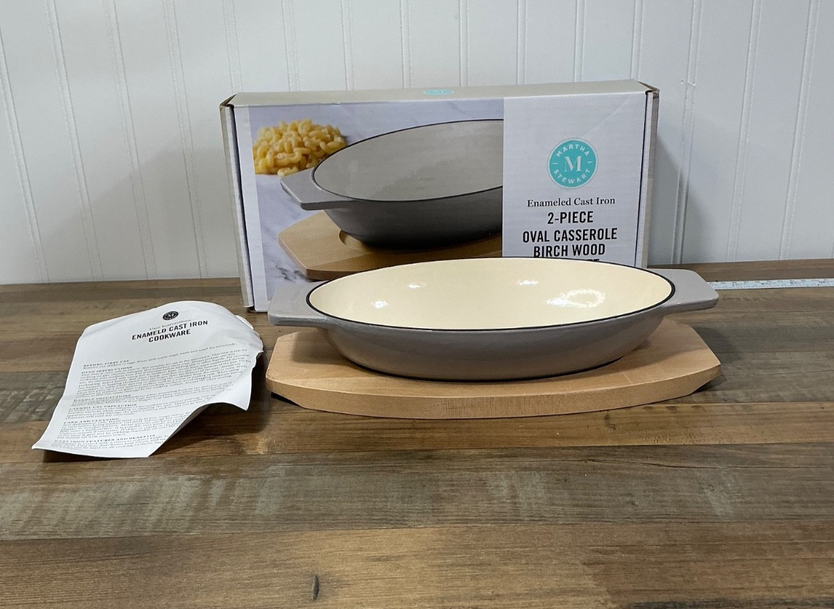 Martha Stewart 2- Piece Enameled Cast Iron Oval Casserole W/ Birch Trivet New