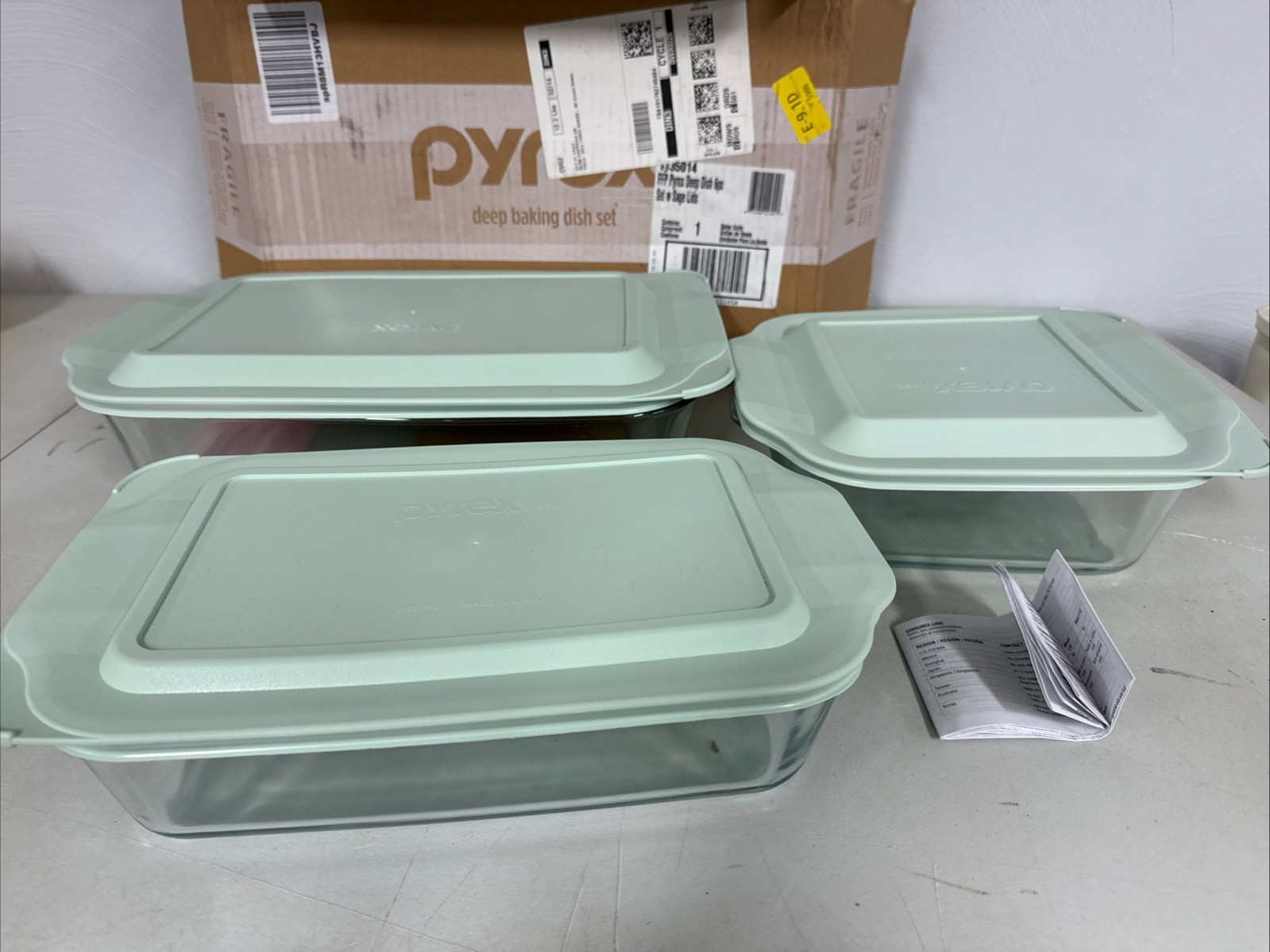 Pyrex Deep 6pc Glass Baking Dish Set (9″X13″, 7″X11″, 8″X8″) Bpa-Free Sage Lids