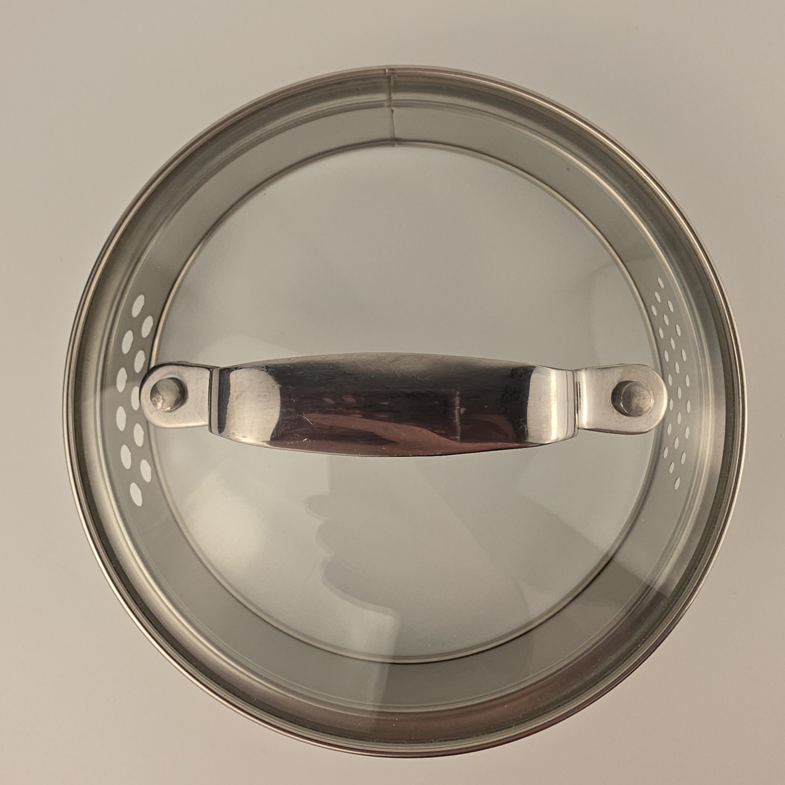 Stainless Steel Strainer Pot Lid w Glass Insert Dual Drain Holes PE-S 7.25” 5.25