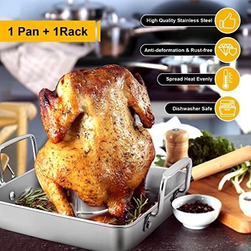 P&P CHEF Beer Can Chicken Holder with Roasting Pan Set, 9-inch Stainless Stee…