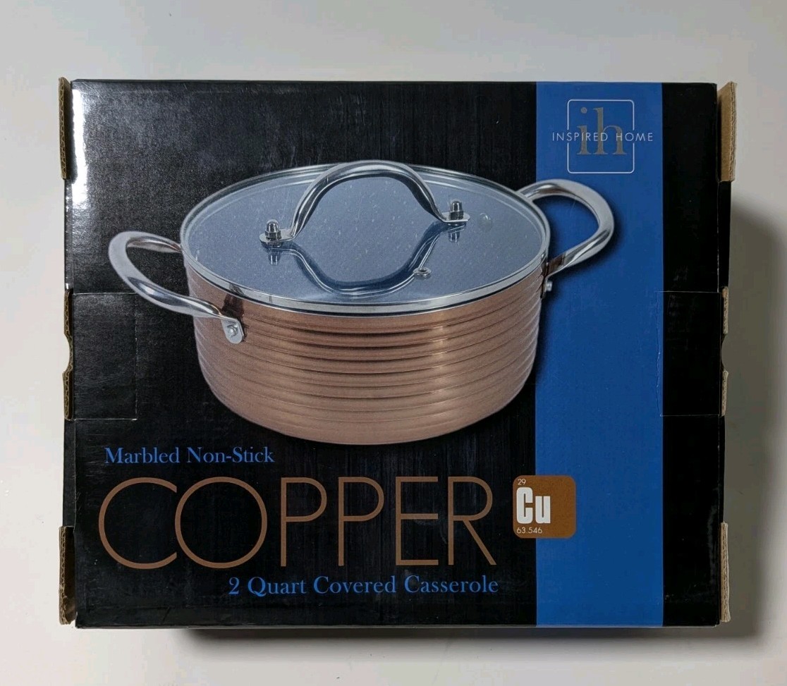 Inspired Home 2 Qt Covered Casserole Copper Non-Stick Pan Glass Lid New Open Box