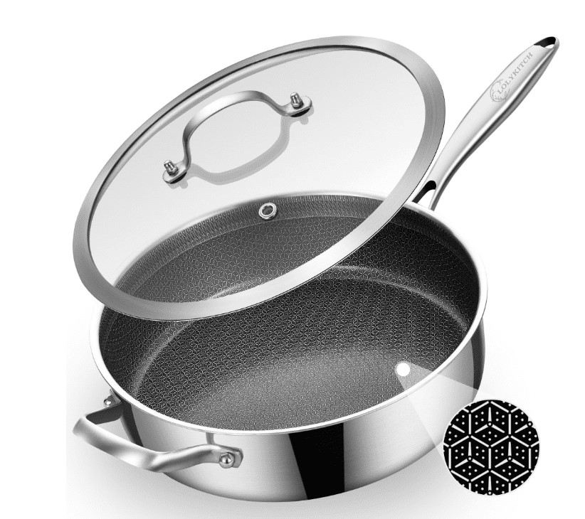 LOLYKITCH 6 QT Nonstick Saute Pan with Lid in Stainless Steel