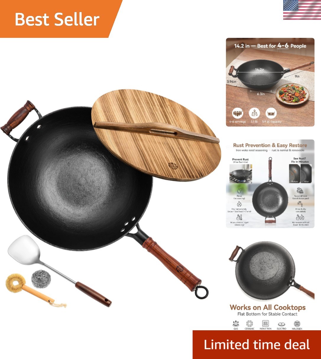 Heavy Duty 14.2 Inch Cast Iron Wok with Detachable Handle & Authentic Spatula