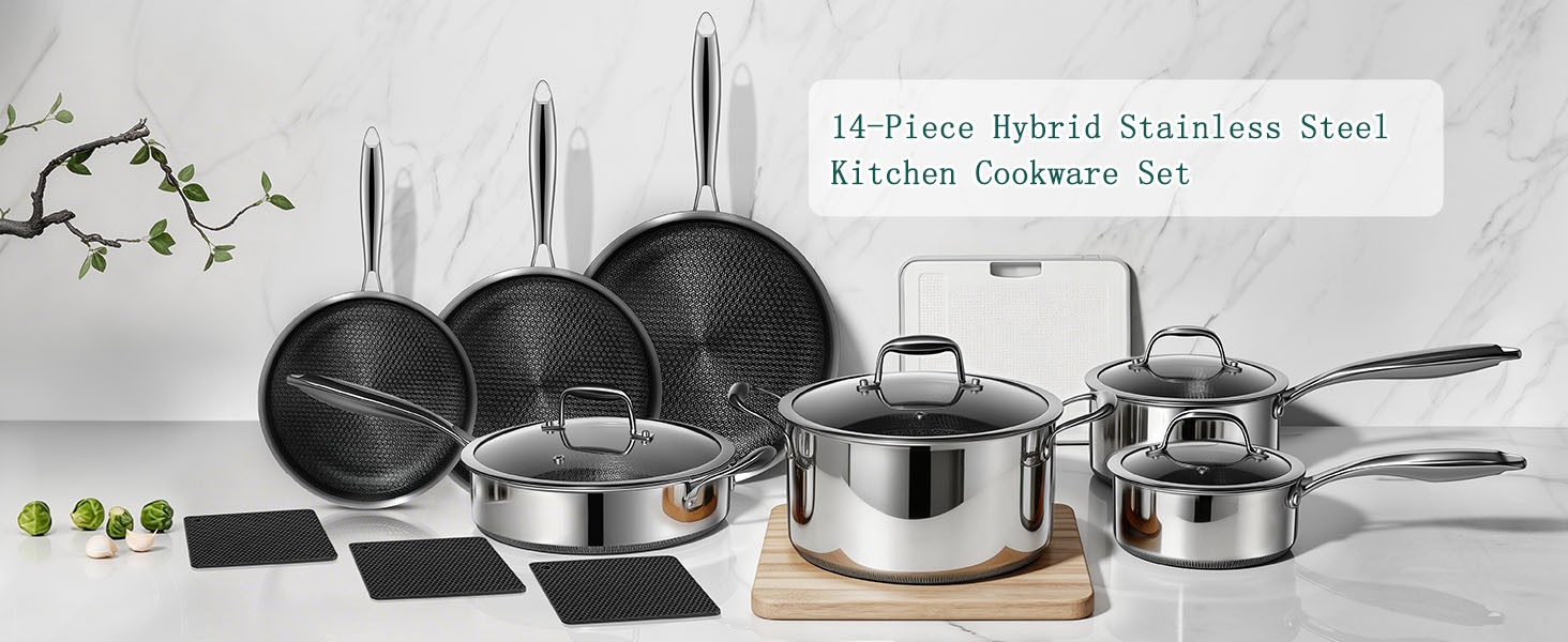 14-Piece Hybrid Stainless Steel Cookware Set, Pots and Pans Set with 3 Silicone