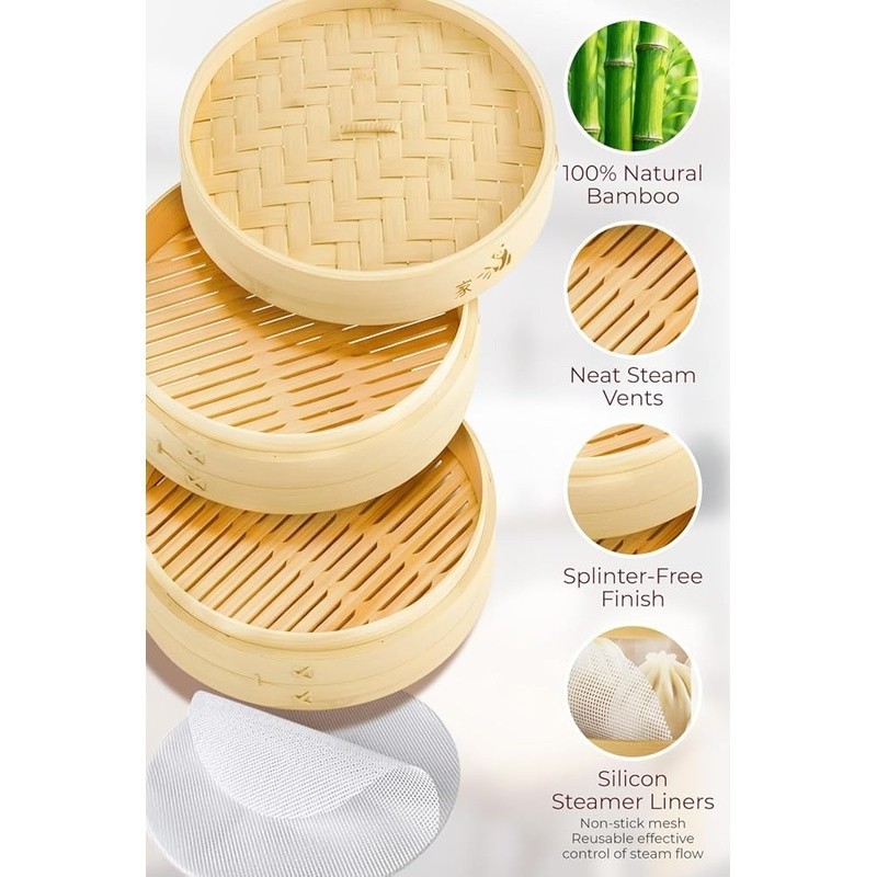 Bamboo Steamer Basket Set Organic Cooking Tool W/ Chopsticks & Liners New