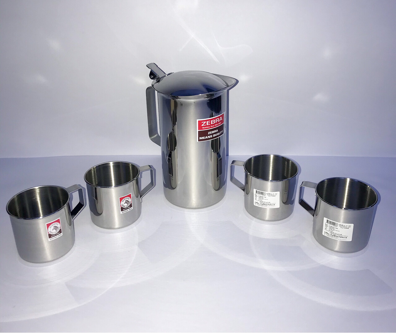 Thai Zebra Brand Water Jug Pouring Mouth with Lid Silver Stainless 11cm X 4 Mugs
