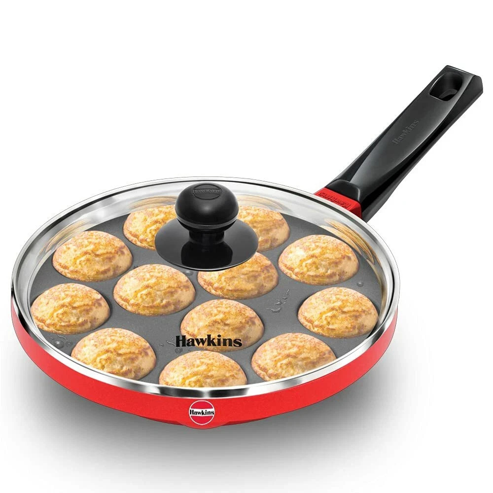 Hawkins Futura 22 cm Appe Pan, Non Stick Paniyaram Pan with Glass Lid, 12 Cups