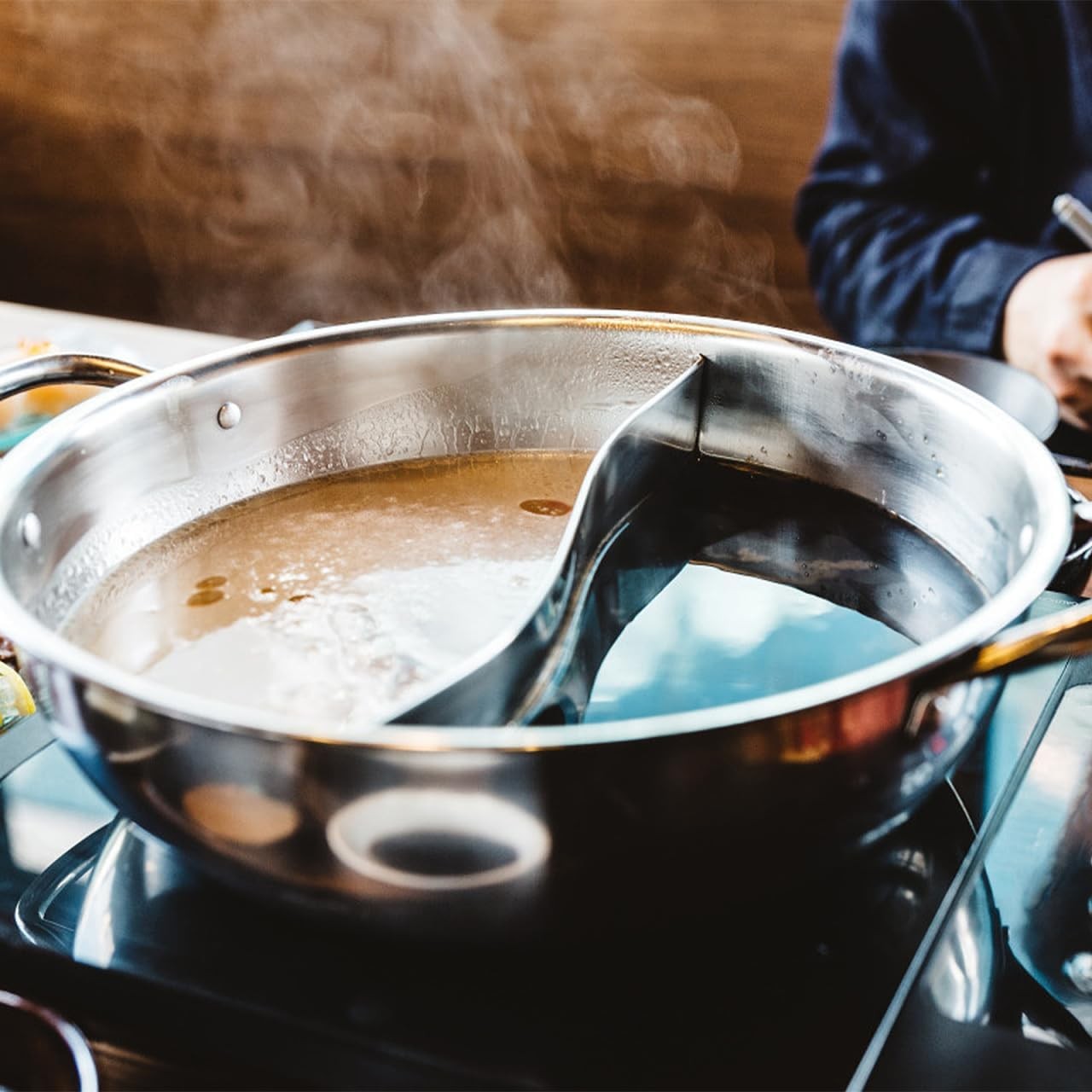 Stainless Steel Split Hot Pot with Lid 12.6 Inch Dual Section Induction Cooker