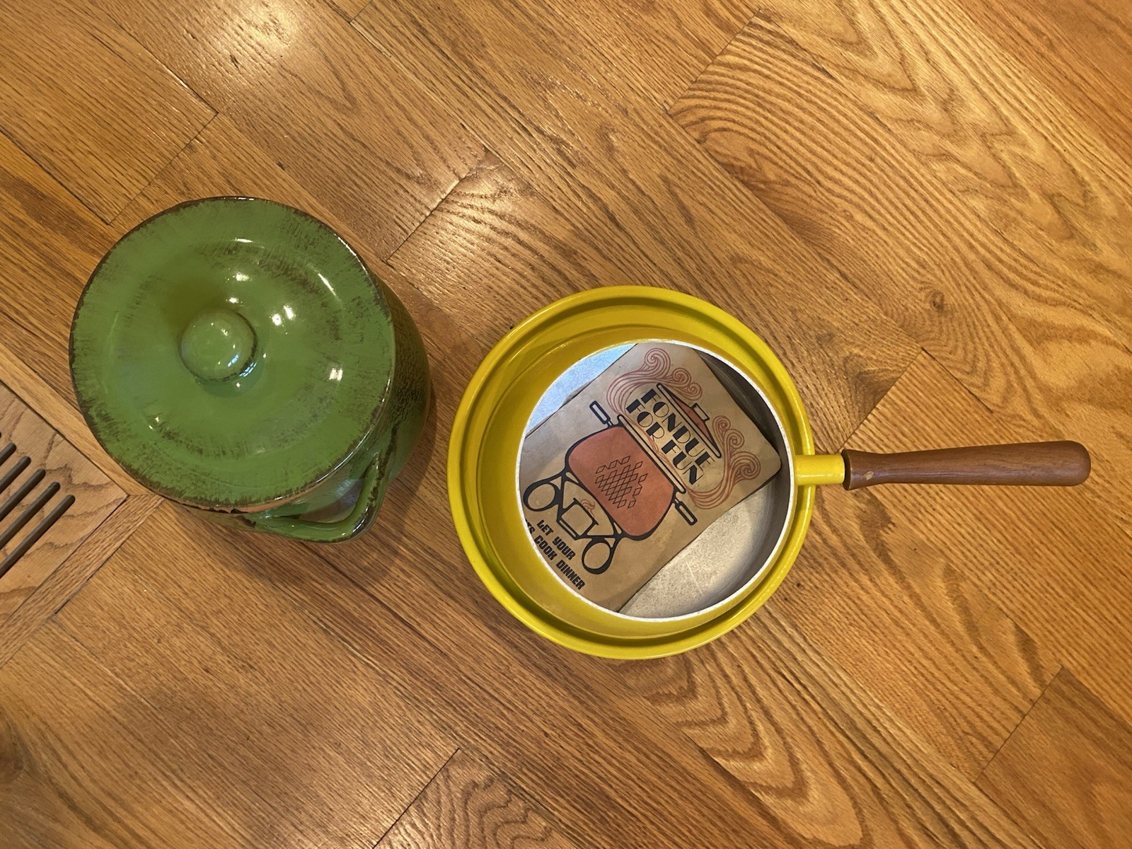 Vintage Yellow Metal Foundue with Wooden Handle and Green Ceramic Pot