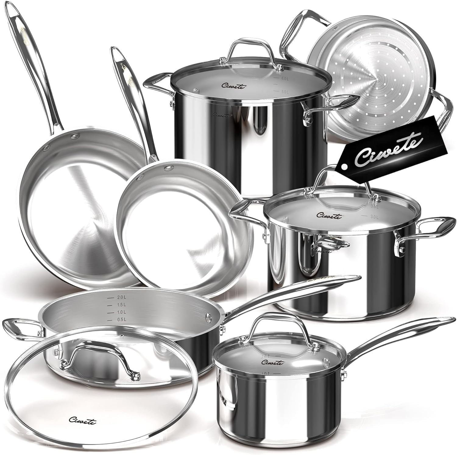 Ciwete 11-Piece Tri-Ply Stainless Steel Cookware Set Pots and Pans (Open Box)