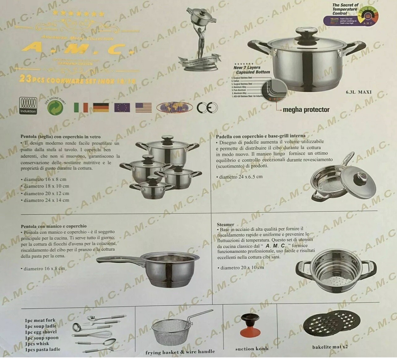 Set Batteria di Pentole 23 Pezzi in Acciaio Inox a Induzione Antiaderente A.M.C.