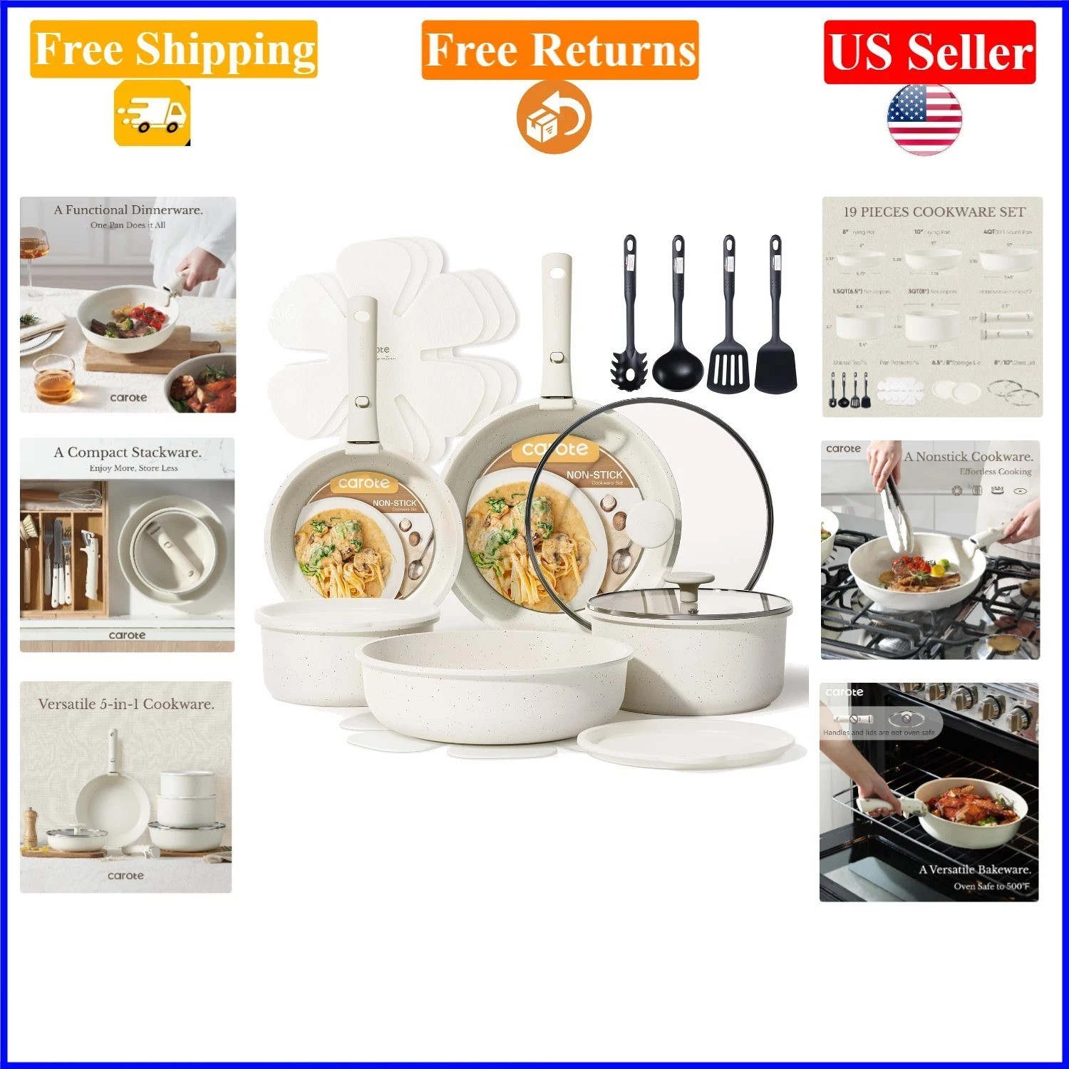 19pcs Nonstick Cookware Set with Detachable Handle, Cream White