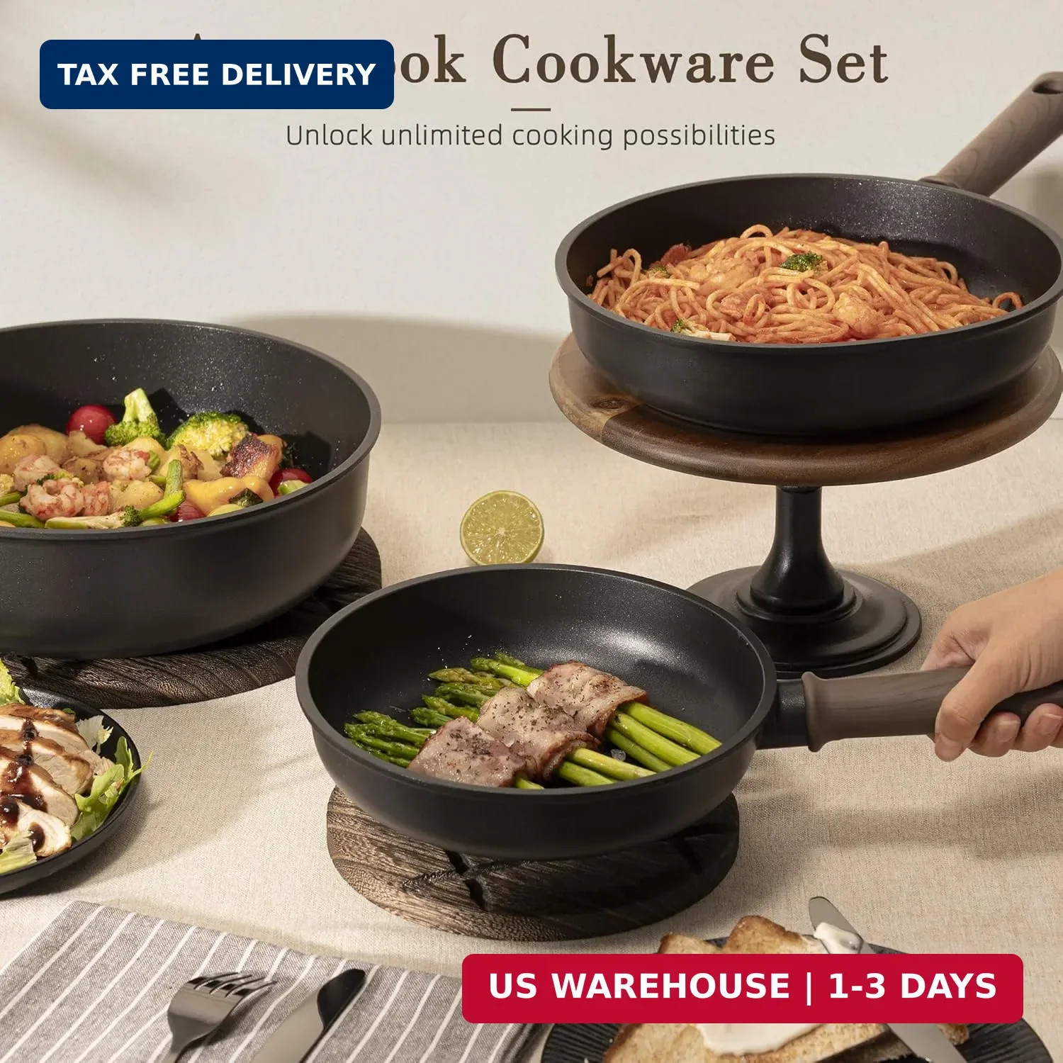 Astercook 19 Pcs Pots and Pans Set Non Stick, Black Titanium Induction Kitchen C