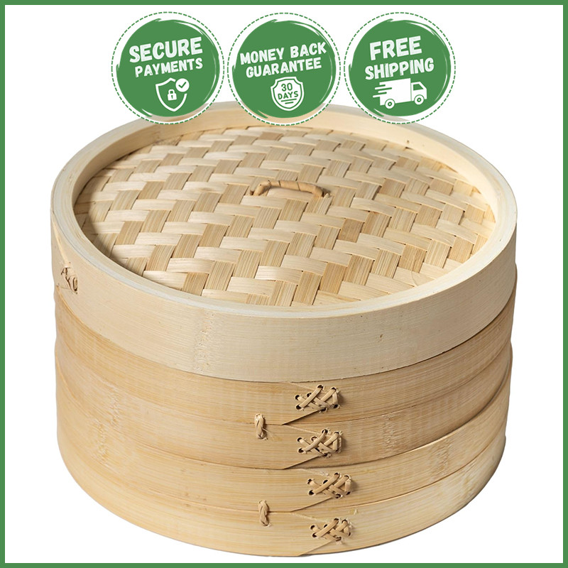 TRADITIONAL BAMBOO STEAMER BASKET 2 TIER Dumplings Seafood Cooking Steam Dishes