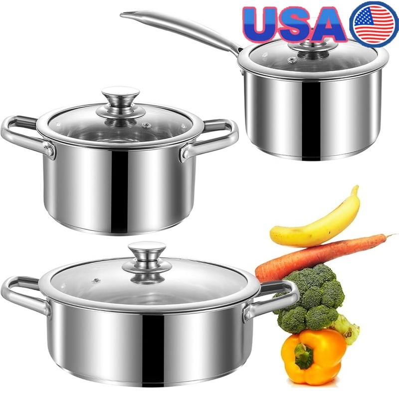 6 Piece Stainless Steel Cookware Set W/ Glass Lids All Stovetops Induction Safe