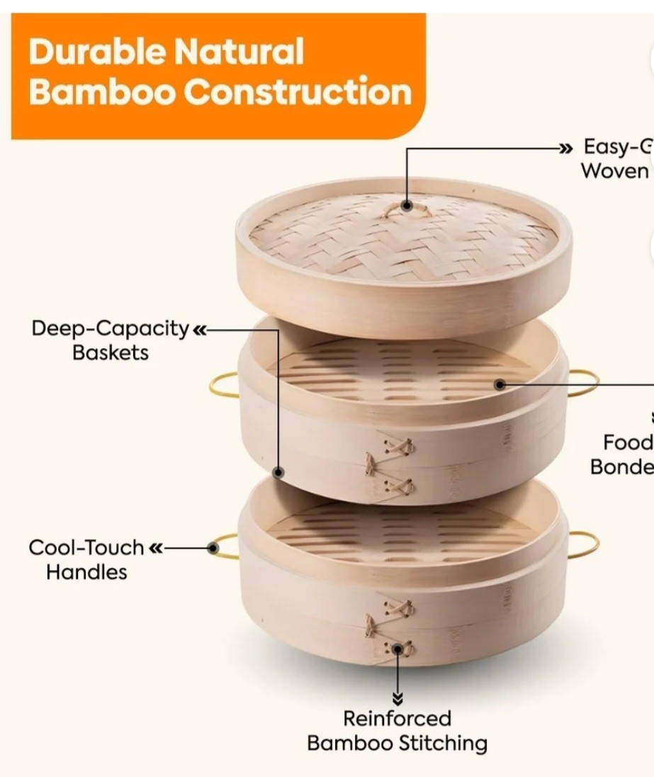 MIU 10″ 2-Tier🔥 🔥Bamboo Steamer🔥🔥 with Stainless Steel Ring Adapter and Lid