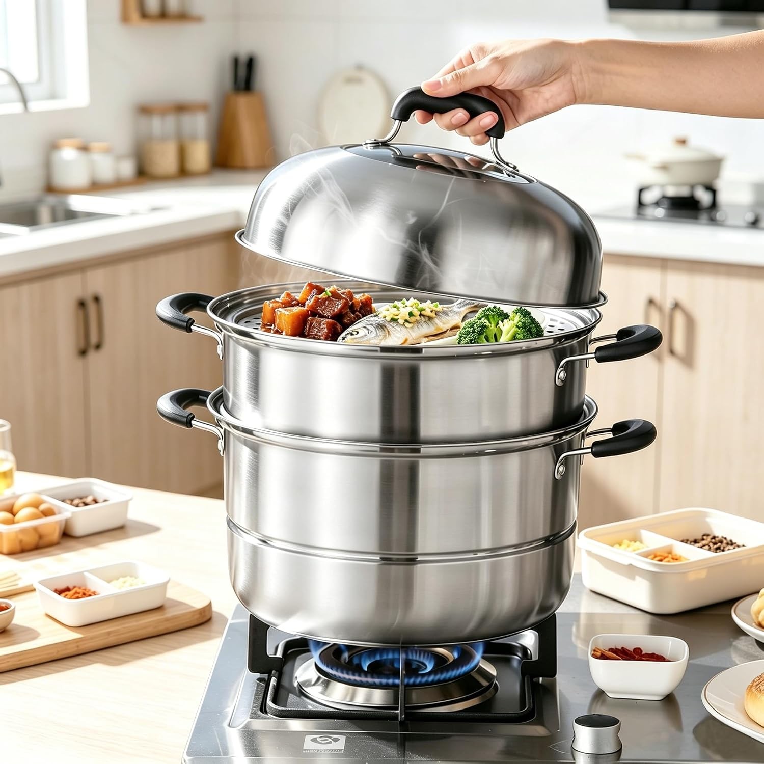 3-Tier Steamer Pot for Cooking Stainless Steel Steam Pot with Lid 12.6Inch