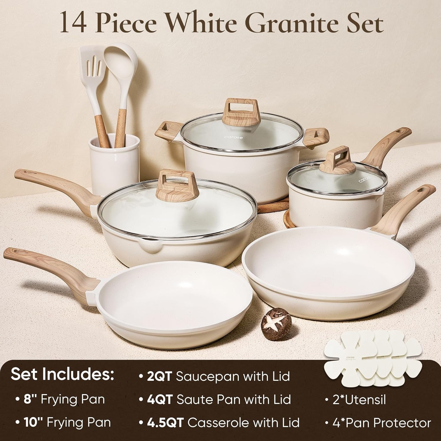 CAROTE 14-Piece Pots and Pans Set Nonstick Cookware with Utensils & Protectors