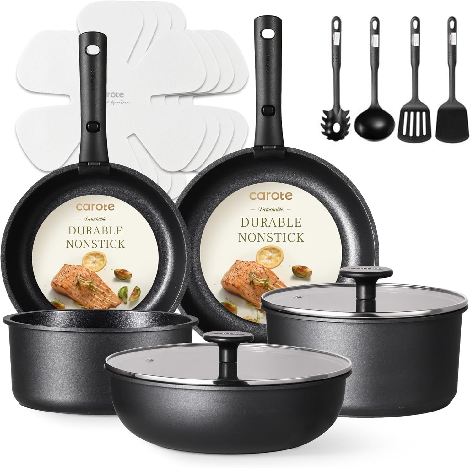 17 Piece Cookware Set Nonstick Removable Handle Pots and Pans Set Bakeware Black