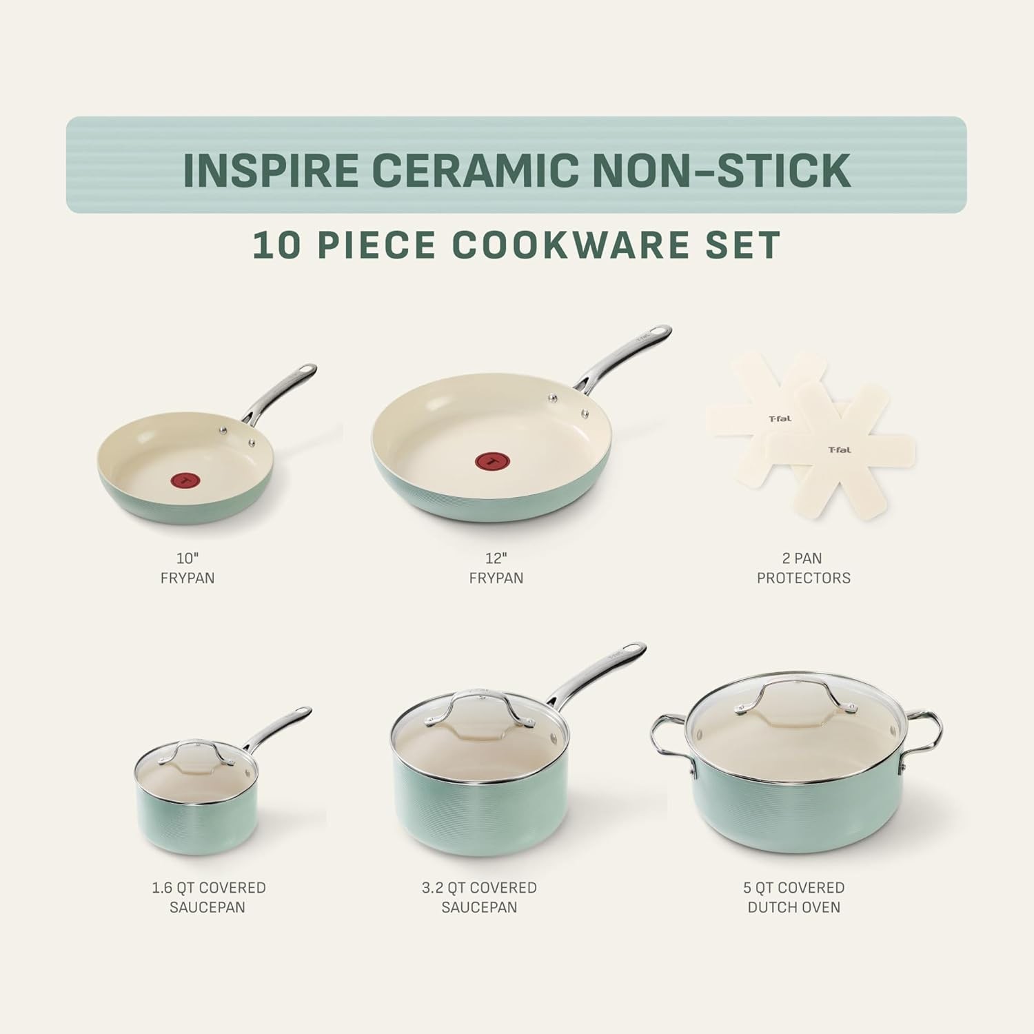 Inspire Nonstick Cookware Set, 10-Piece, Oven Safe to 500°F, Stockpot, Ceramic