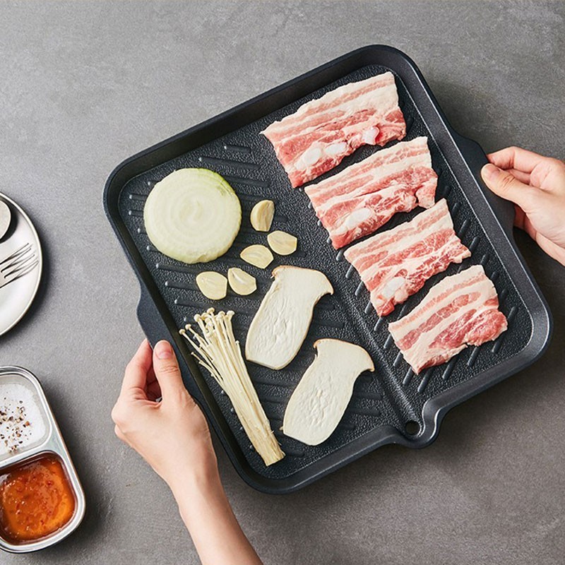Square Korean BBQ Grill Pan 13in Non-Stick Aluminum Plate PFOA Free Korea Made