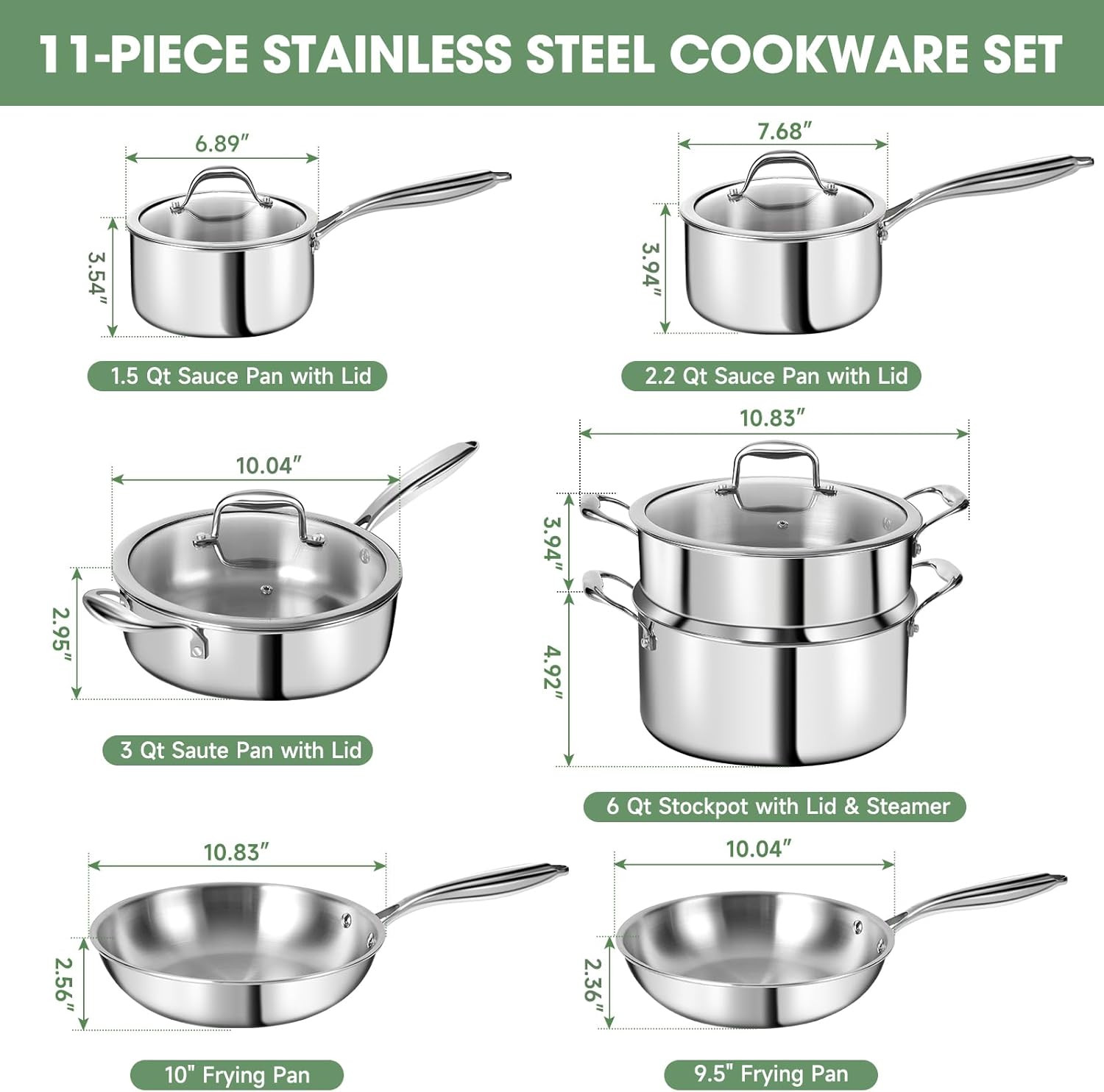 Professional 11-Piece 3-Ply Stainless Steel Cookware Set – Induction & Oven Safe