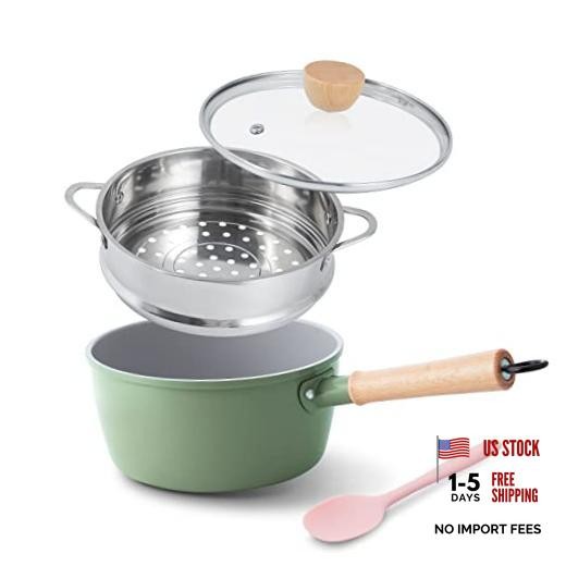 Ceramic Nonstick Sauce Pan with Lid, 2 2 QT With Steamer (Wooden Handle) Green