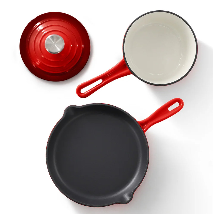 7-Piece Enameled Cast Iron Cookware Set Red Dutch Oven Pots & Pans