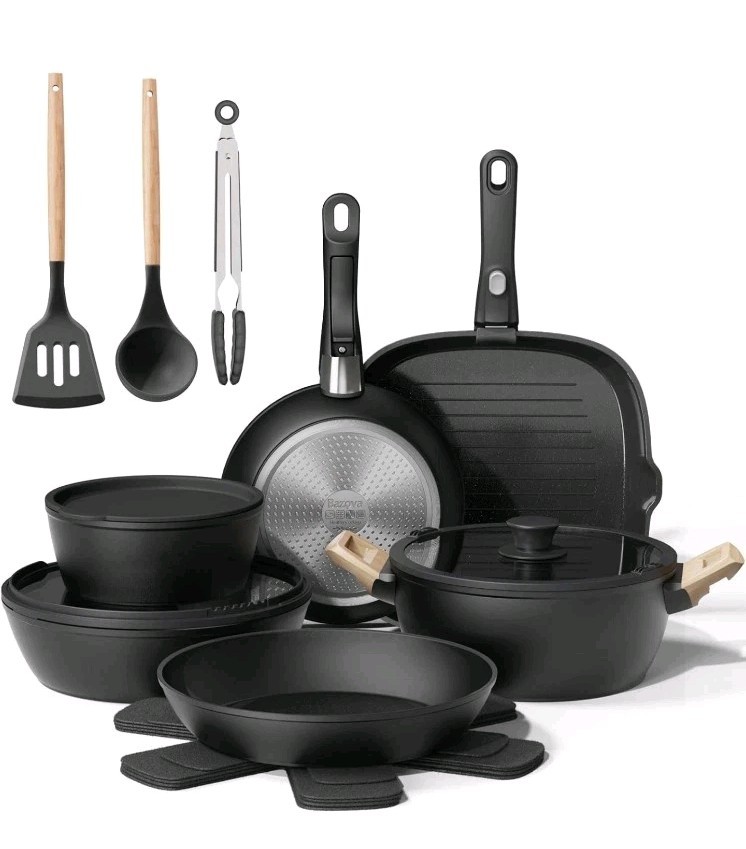 Bazova 19 Pcs Pots and Pans Set Non Stick Ceramic Cookware Set with Removable…