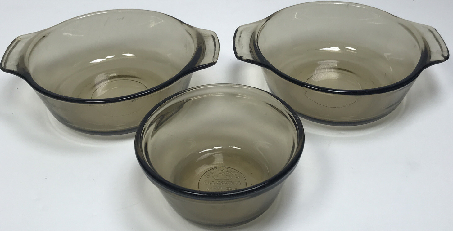 Vintage Amber Glass L’OVENWARE Custard Cup 6oz + 2 Casserole Dishes 12oz Handles