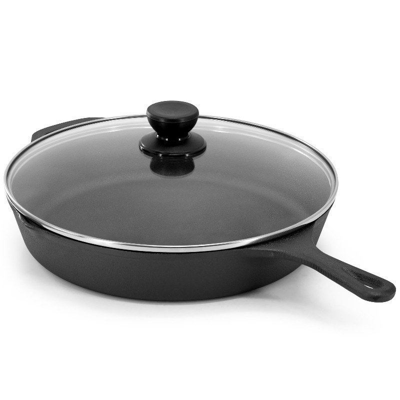 12 in Oven Safe Cast Iron Skillet with Tempered Glass Lid