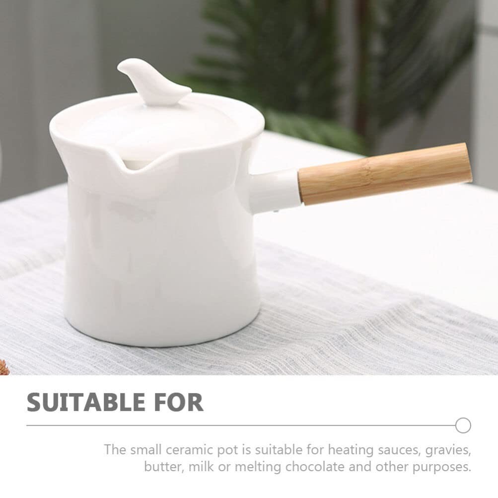 Mini Sauce Pan Ceramic Milk Pot 350ml With Lid Wooden Handle White Pour Spout