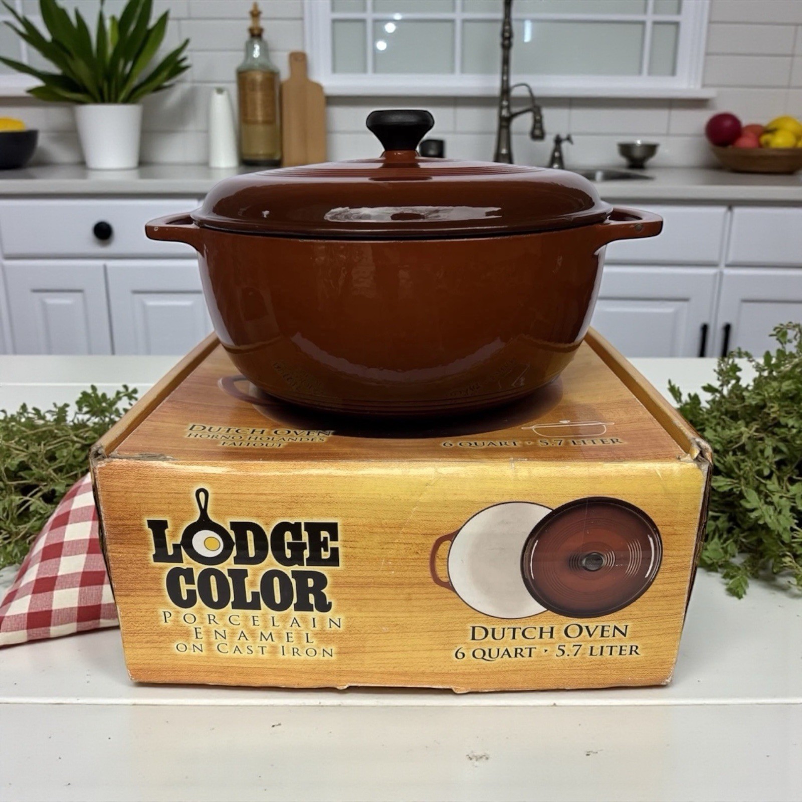 VTG Lodge Color Brown Ombré 6 Qt Enamel Cast Iron Dutch Oven Boxed Oven Safe