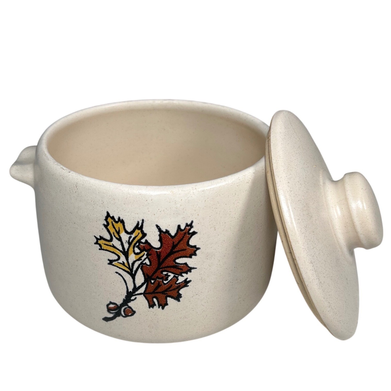 West Bend Stoneware Bean Pot Lidded Crock Autumn Leaf Acorn Speckled Cream USA