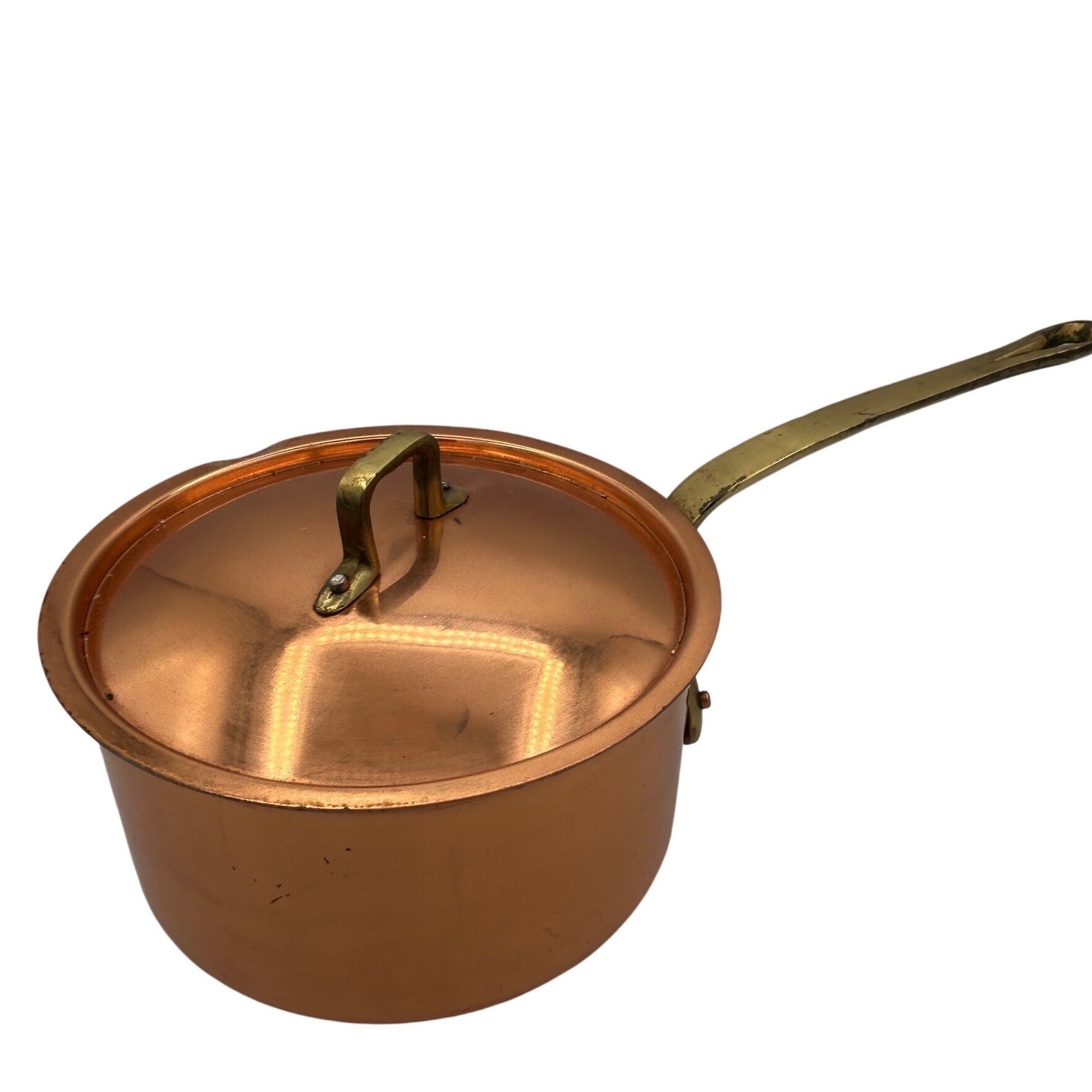Copral Portugal Copper Saucepan 7.5″ Tin Lined Brass Handle Lid Vintage Cookware